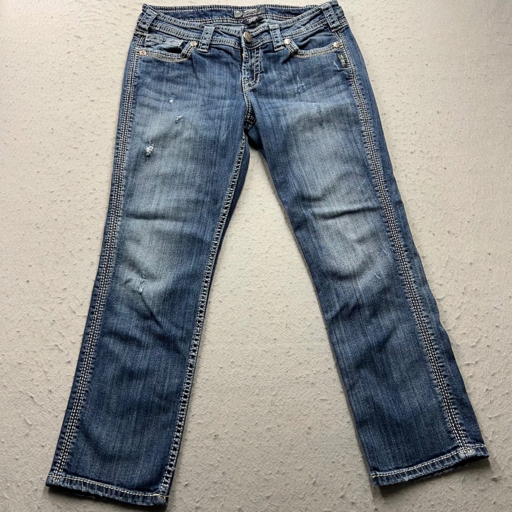 Silver Jeans Co Twisted Capri Blue Denim W28 Distressed Y2K L4051SDA334 Womens